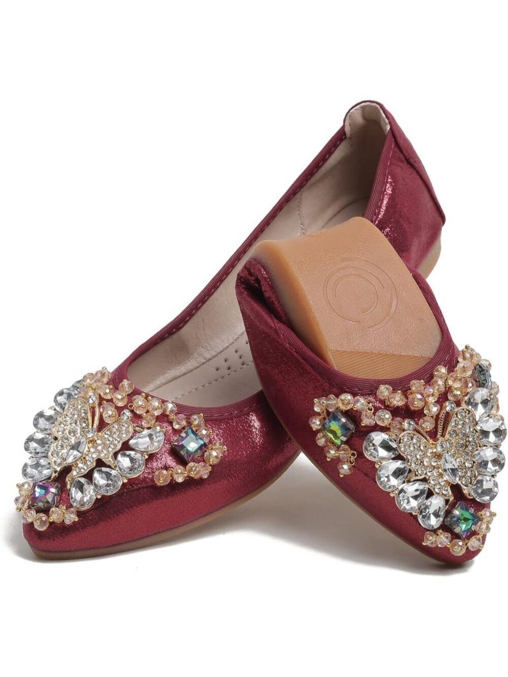 Women's Red Ballet Flat Cute Rhinestones Bow Slip on Imported Comfort Shoes